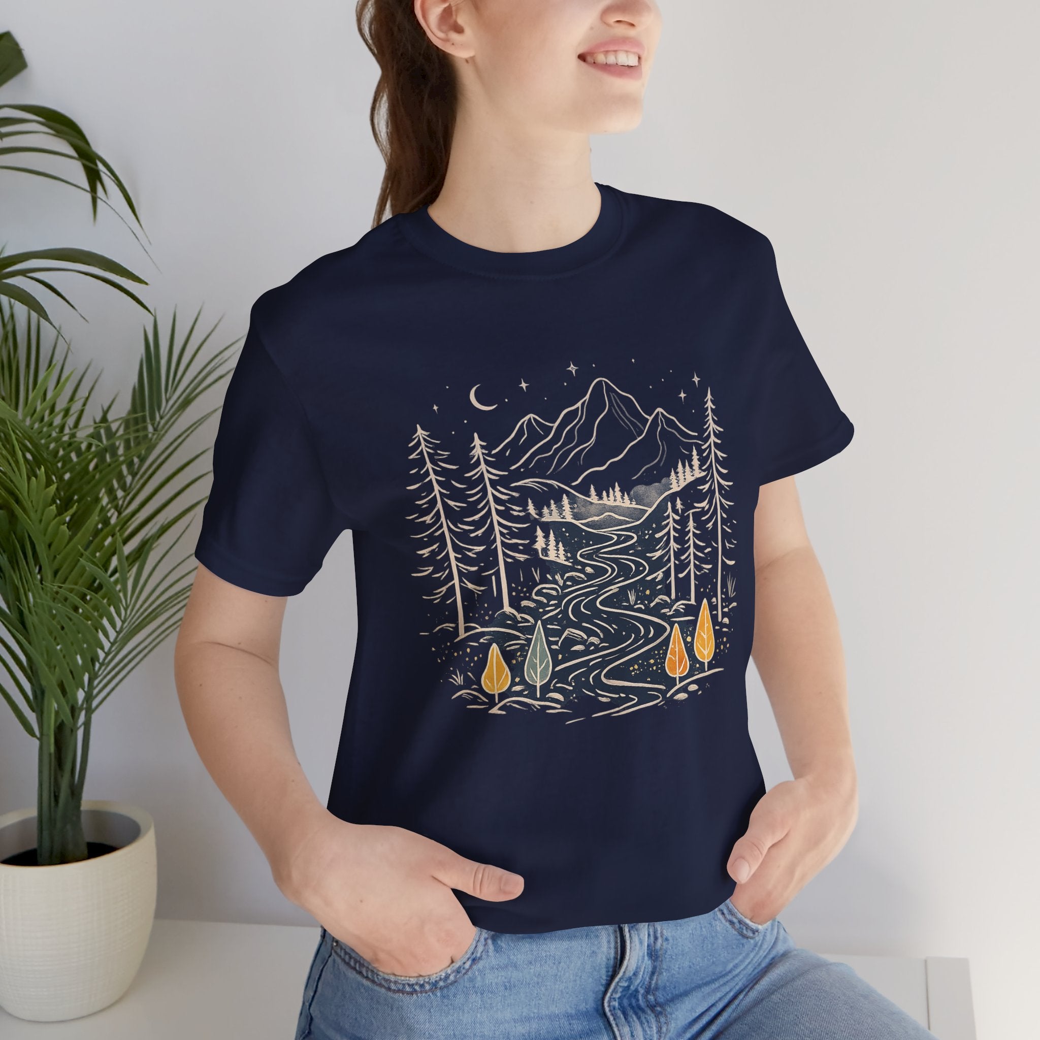 Mountain River Forest Graphic Tee, Nature Landscape Shirt, Boho Outdoor T-Shirt, Camping Hiking Gift, Unisex Black Tee, Wilderness Adventure Top
