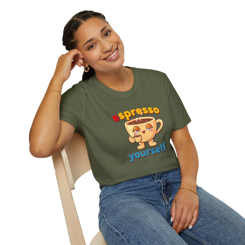 Espresso Yourself Funny Coffee T-Shirt, Cute Coffee Cup Graphic Tee, Barista Gift Shirt, Coffee Lover Pun Tee, Caffeine Lover Unisex Top