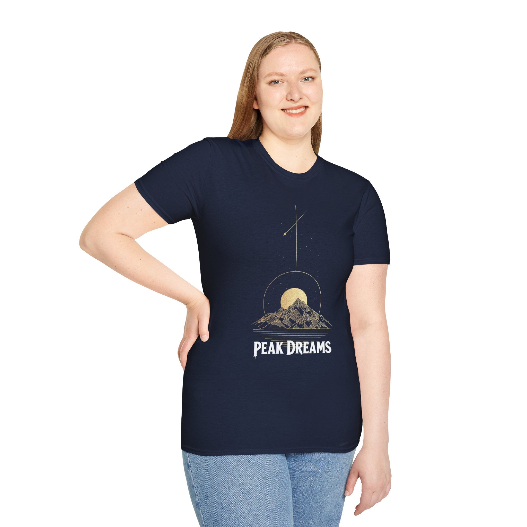 "Peak Dreams Mountain T-Shirt | Celestial Gothic Tee | Astronomy Night Sky Shirt | Adventure Hiking Gift | Boho Mystical Apparel | Vintage Gold Mountain Graphic