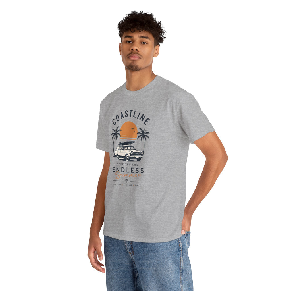 Coastline Endless Summer T-Shirt, Beach Vacation Graphic Tee, Retro Surf Van Shirt, Coastal Sunset Summer Top, Unisex Beach Lover Gift