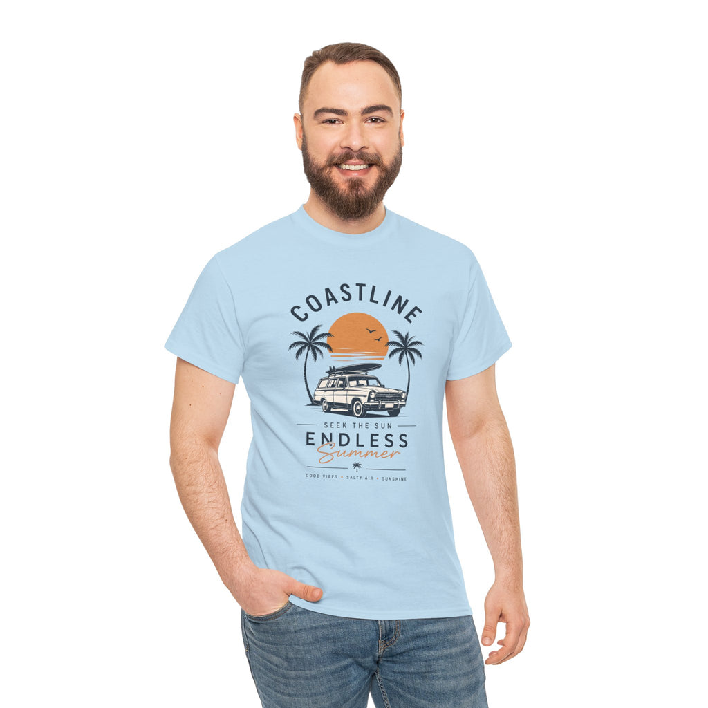 Coastline Endless Summer T-Shirt, Beach Vacation Graphic Tee, Retro Surf Van Shirt, Coastal Sunset Summer Top, Unisex Beach Lover Gift