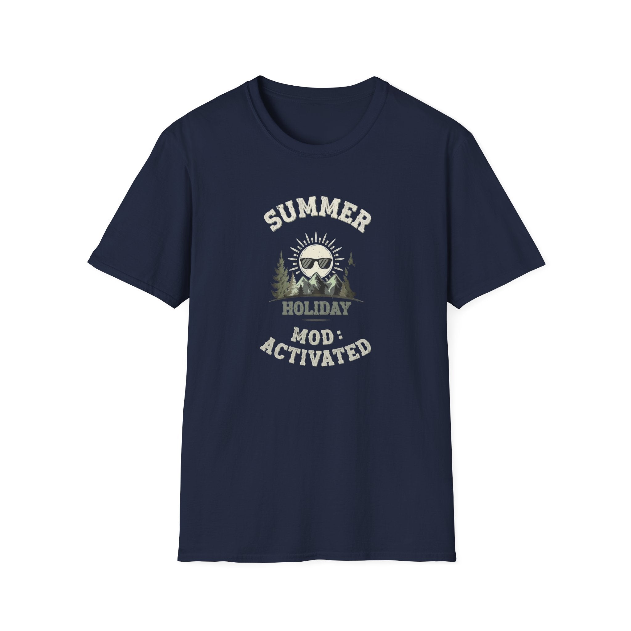 Summer Holiday Mode Activated T-Shirt | Retro Mountain Sun Graphic Tee | Camping Hiking Vacation Shirt for Men Women | Outdoor Adventure Top