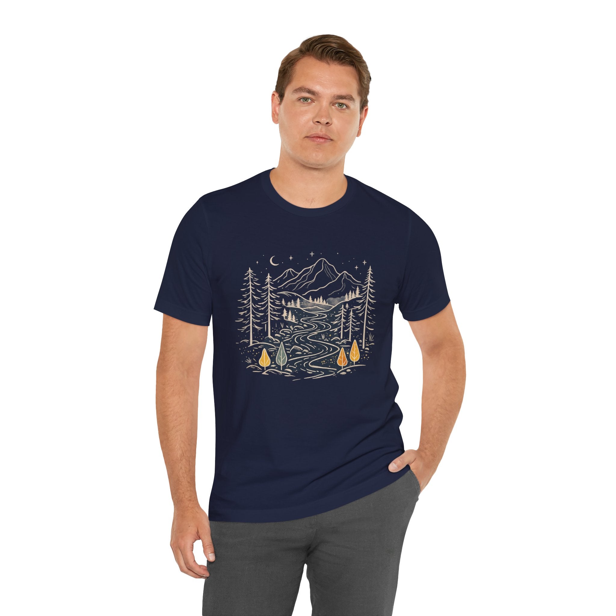 Mountain River Forest Graphic Tee, Nature Landscape Shirt, Boho Outdoor T-Shirt, Camping Hiking Gift, Unisex Black Tee, Wilderness Adventure Top