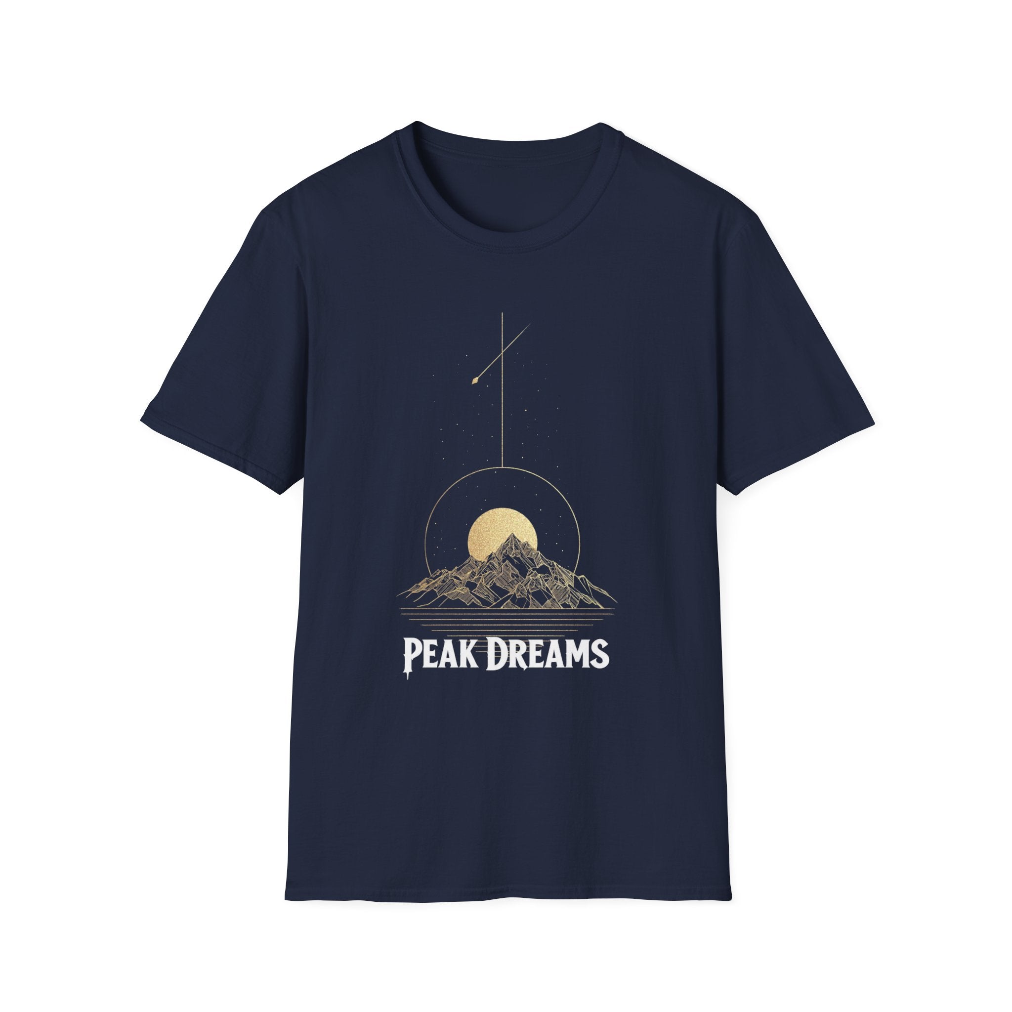 "Peak Dreams Mountain T-Shirt | Celestial Gothic Tee | Astronomy Night Sky Shirt | Adventure Hiking Gift | Boho Mystical Apparel | Vintage Gold Mountain Graphic