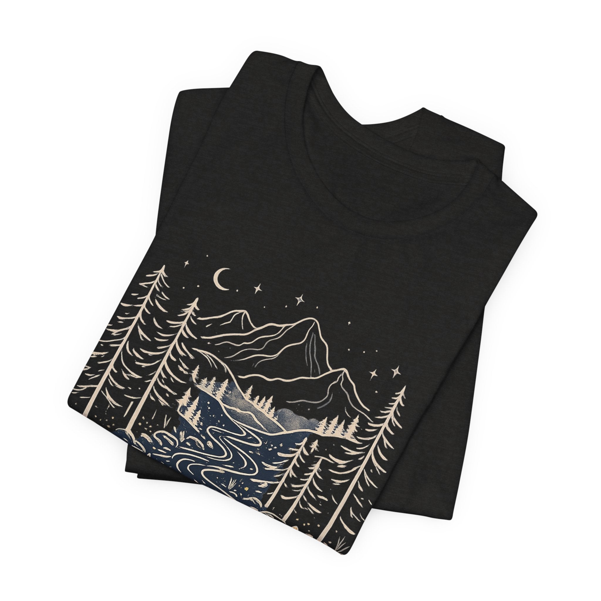 Mountain River Forest Graphic Tee, Nature Landscape Shirt, Boho Outdoor T-Shirt, Camping Hiking Gift, Unisex Black Tee, Wilderness Adventure Top