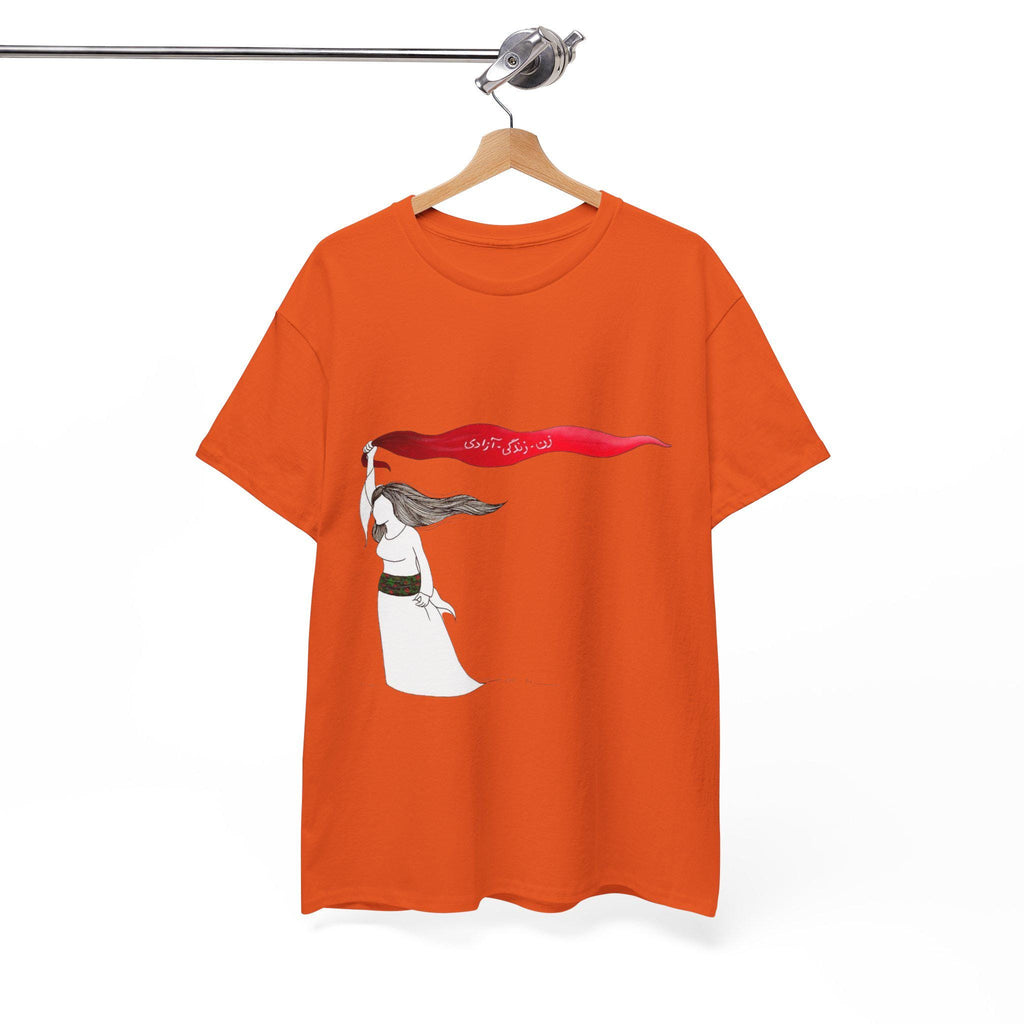 Woman Red Scarf Art T-Shirt | Windswept Figure, Flowing Ribbon Graphic Tee