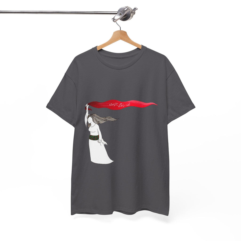 Woman Red Scarf Art T-Shirt | Windswept Figure, Flowing Ribbon Graphic Tee