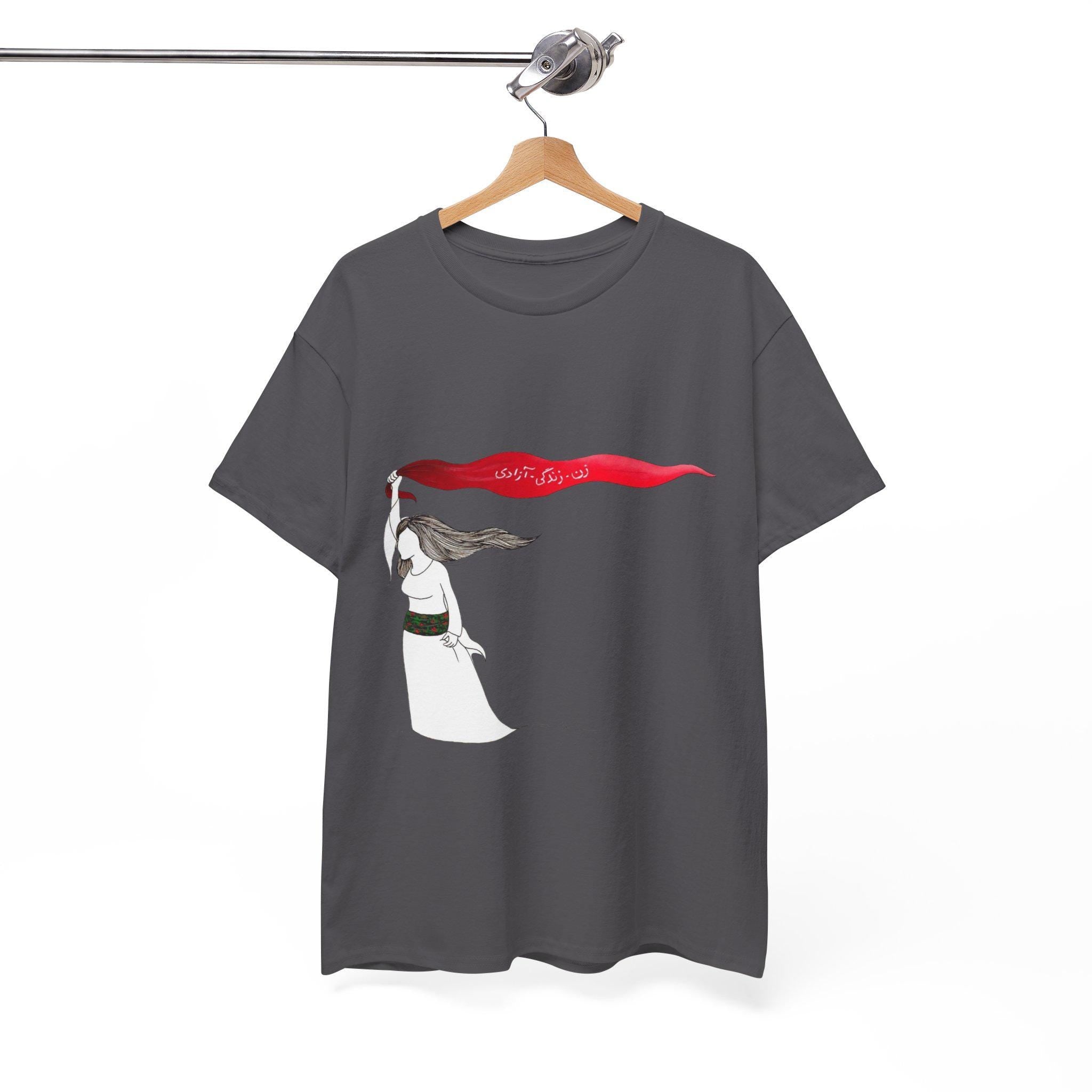 Woman Red Scarf Art T-Shirt | Windswept Figure, Flowing Ribbon Graphic Tee