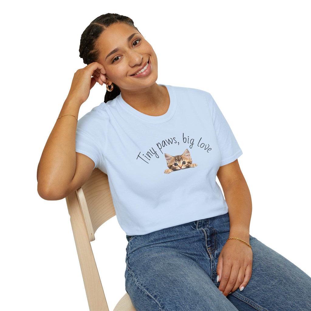 Kitten Illustration T-Shirt, Tiny Paws Big Love, Minimalist Cat Lover Tee