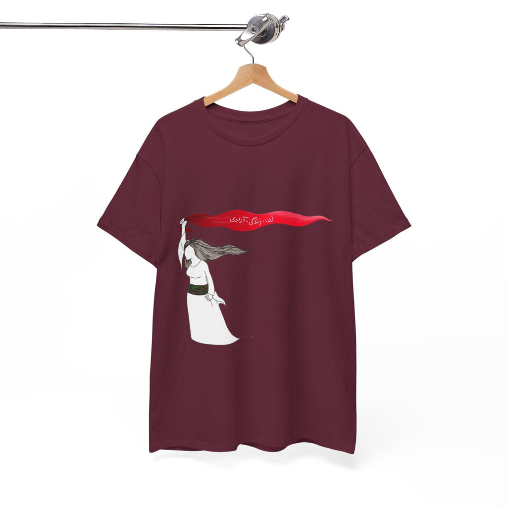 Woman Red Scarf Art T-Shirt | Windswept Figure, Flowing Ribbon Graphic Tee