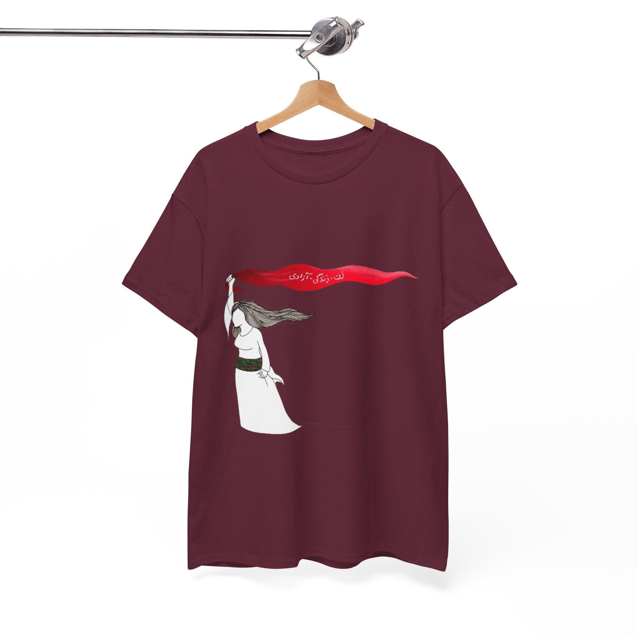 Woman Red Scarf Art T-Shirt | Windswept Figure, Flowing Ribbon Graphic Tee