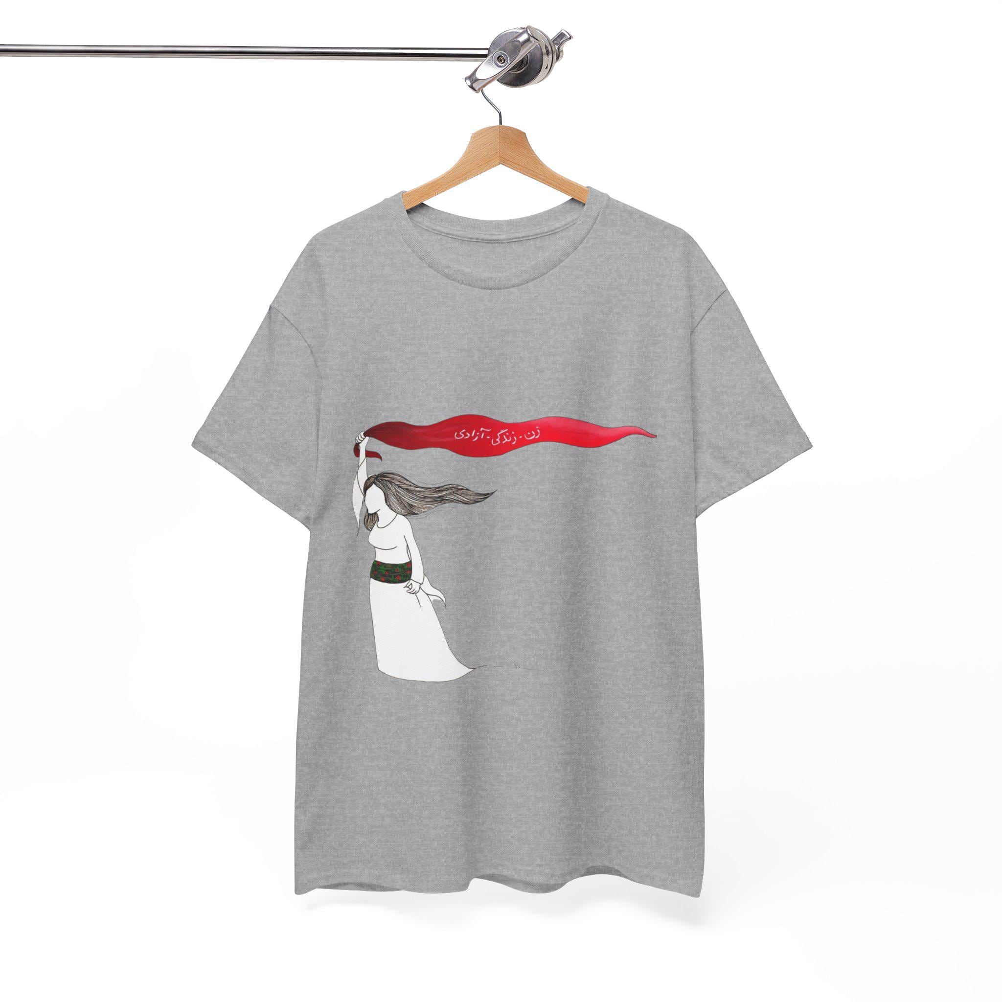 Woman Red Scarf Art T-Shirt | Windswept Figure, Flowing Ribbon Graphic Tee