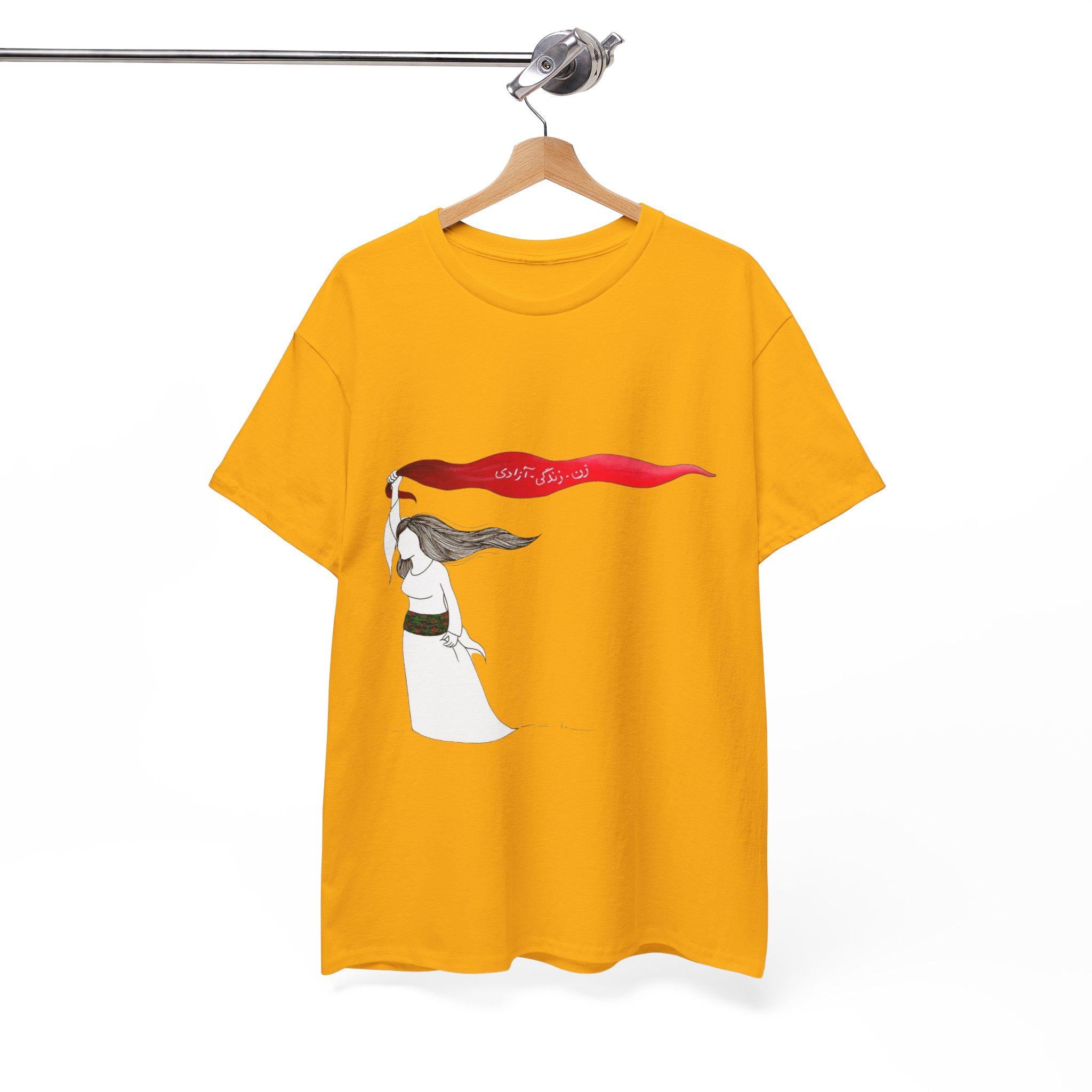 Woman Red Scarf Art T-Shirt | Windswept Figure, Flowing Ribbon Graphic Tee