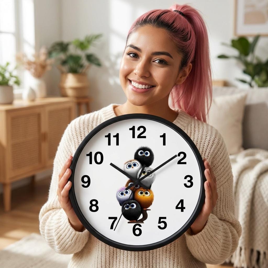 Fluffy Critters Wall Clock, Whimsical Animal Nursery Decor, Silent Mechanism, Wood Frame Option