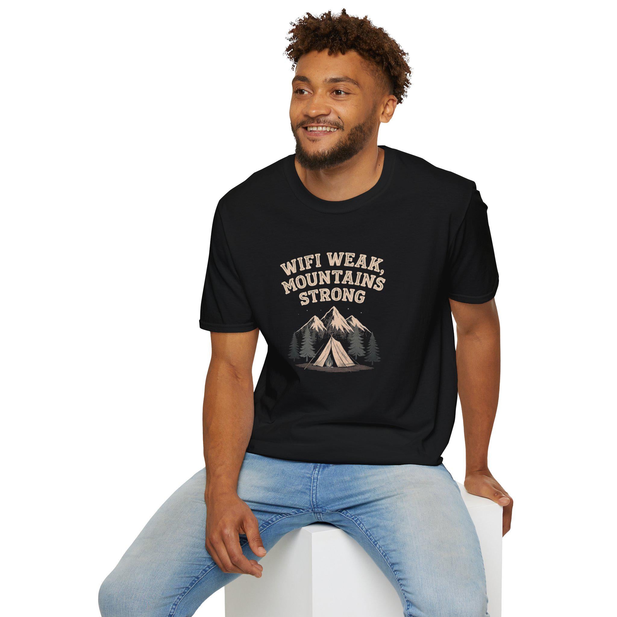 Wifi Weak Mountains Strong T-Shirt, Funny Camping Shirt, Outdoor Hiking Tee, Nature Lover Gift, Unisex Graphic Tee