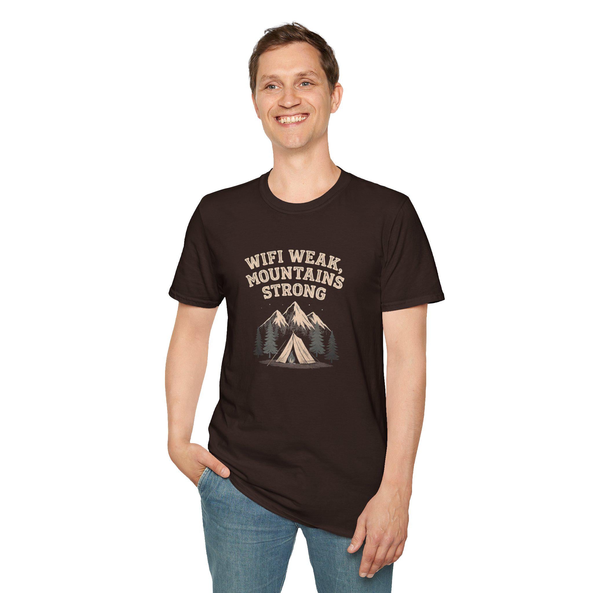Wifi Weak Mountains Strong T-Shirt, Funny Camping Shirt, Outdoor Hiking Tee, Nature Lover Gift, Unisex Graphic Tee