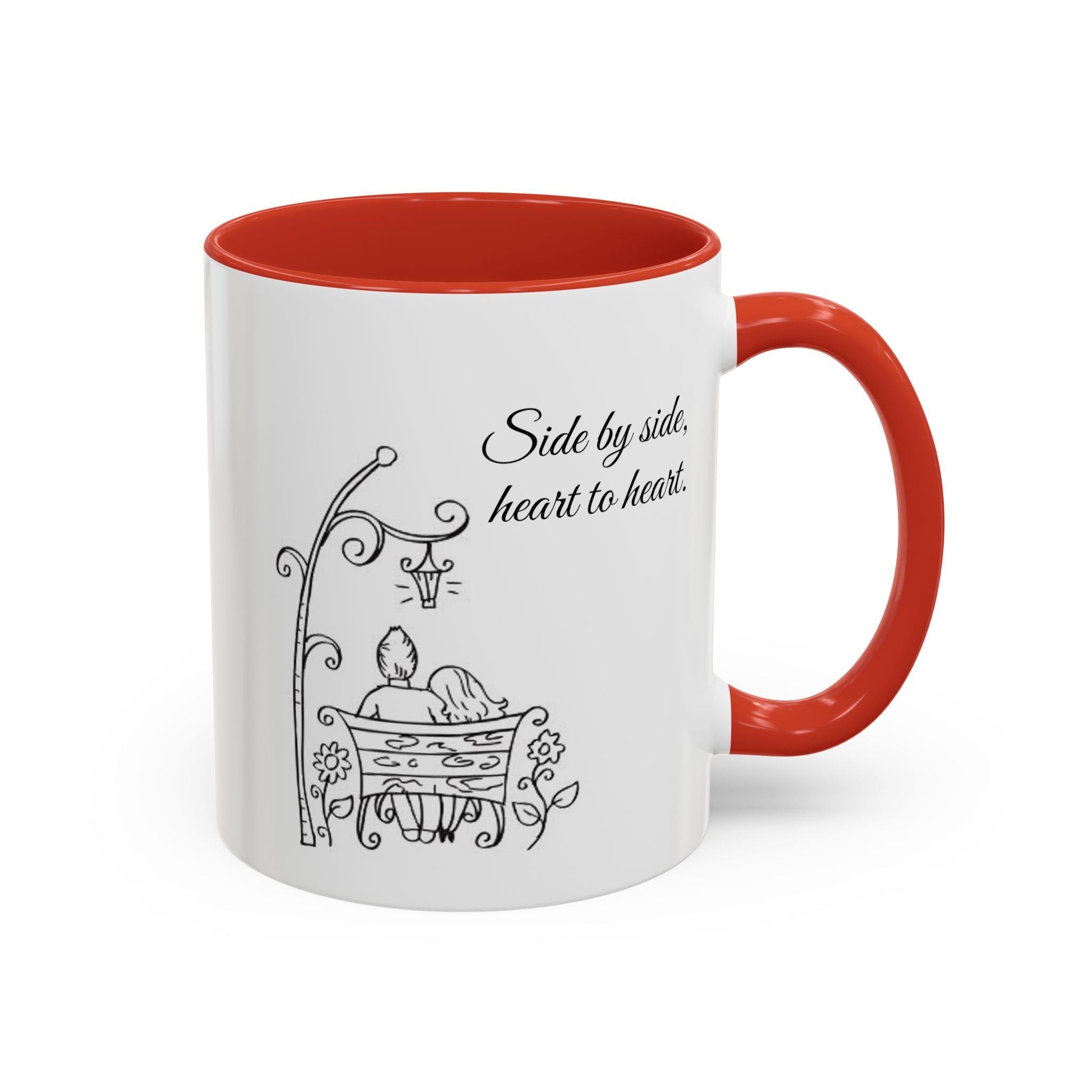 Couple's Ceramic Mug | Romantic Park Bench Sketch, Heart to Heart Design
