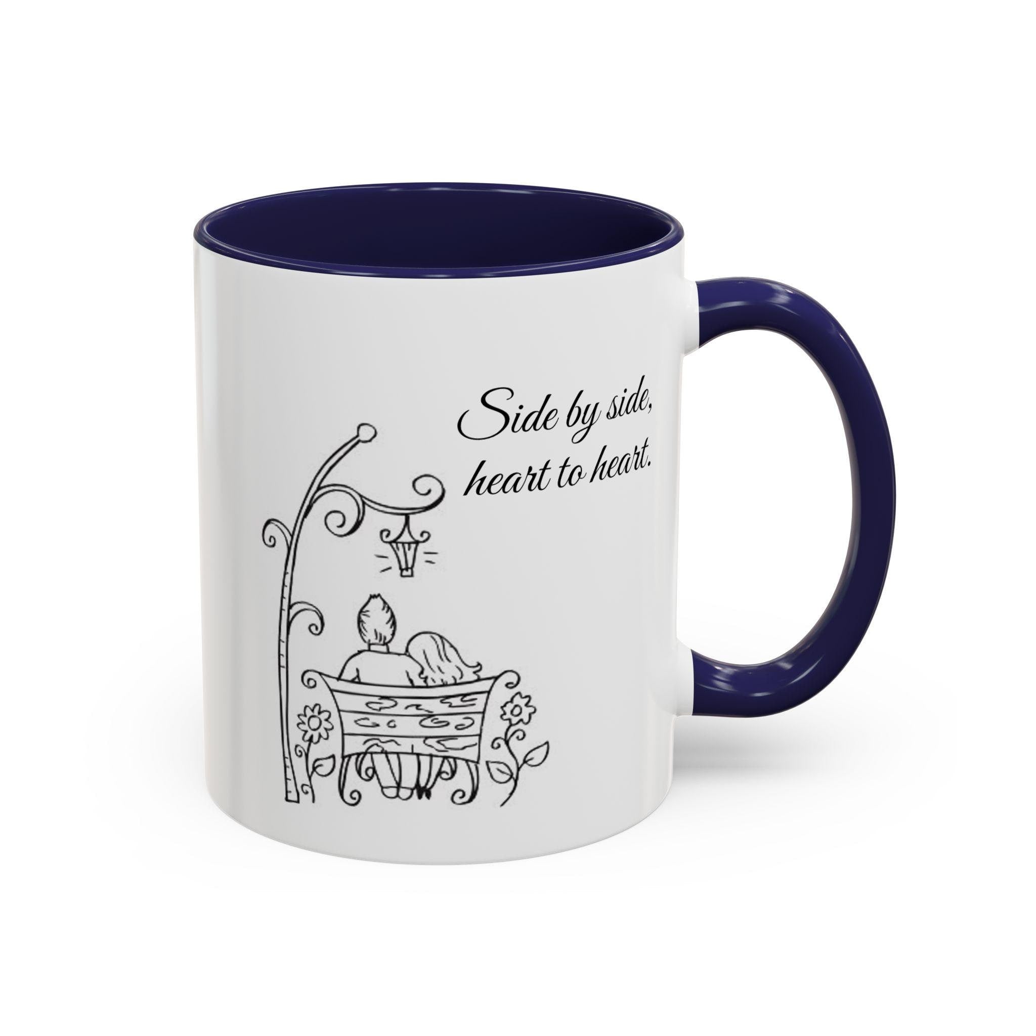 Couple's Ceramic Mug | Romantic Park Bench Sketch, Heart to Heart Design