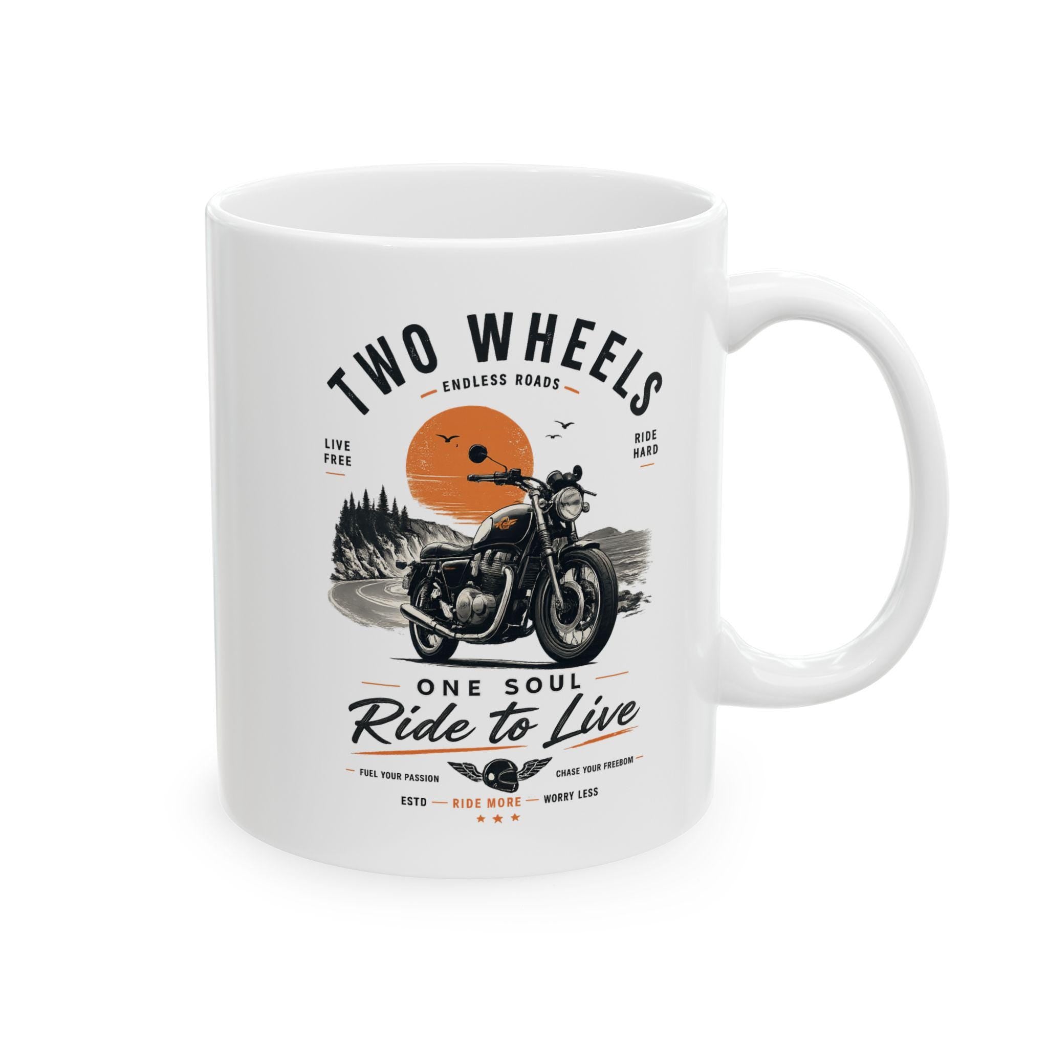 Vintage Motorcycle Mug, Two Wheels One Soul Coffee Cup, Biker Ride to Live Mug