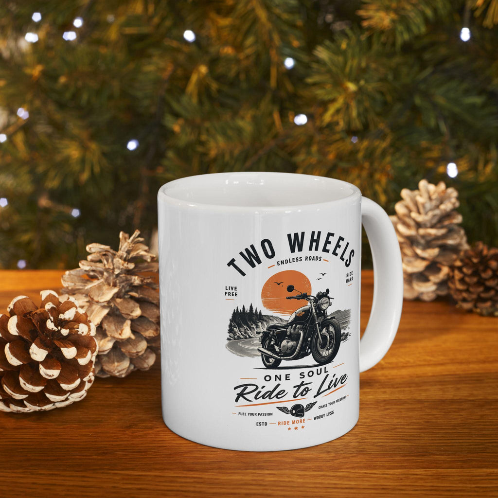 Vintage Motorcycle Mug, Two Wheels One Soul Coffee Cup, Biker Ride to Live Mug