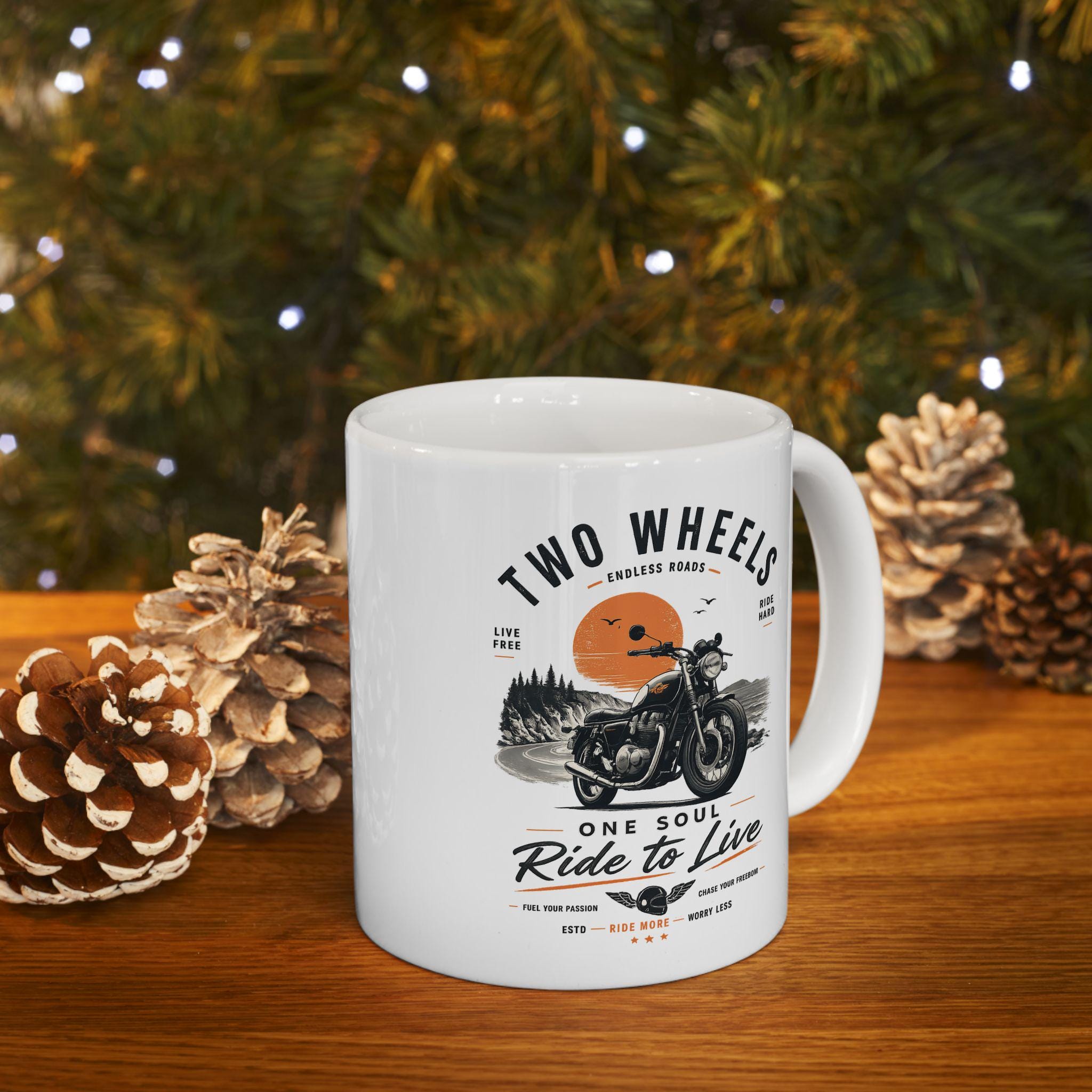 Vintage Motorcycle Mug, Two Wheels One Soul Coffee Cup, Biker Ride to Live Mug