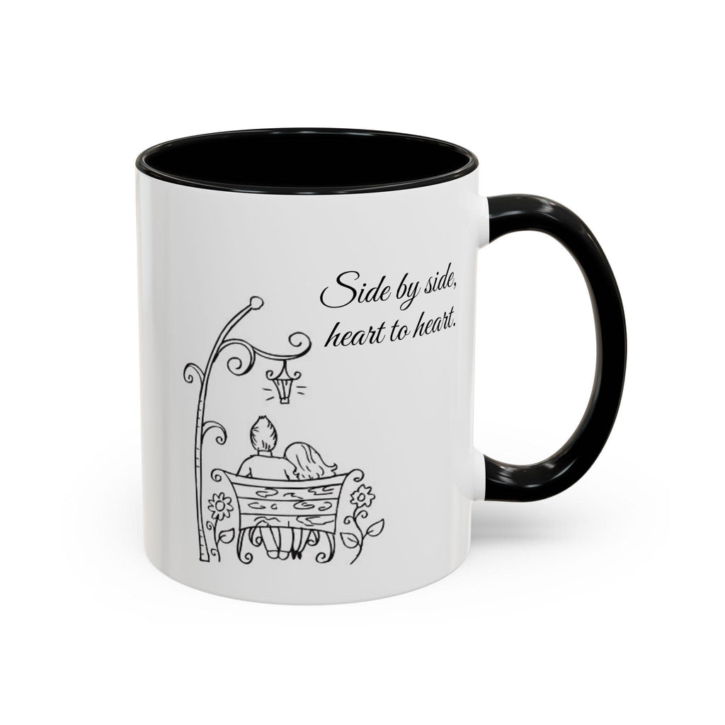 Couple's Ceramic Mug | Romantic Park Bench Sketch, Heart to Heart Design