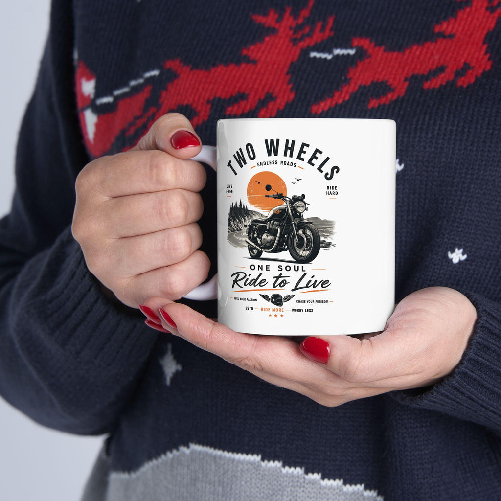 Vintage Motorcycle Mug, Two Wheels One Soul Coffee Cup, Biker Ride to Live Mug